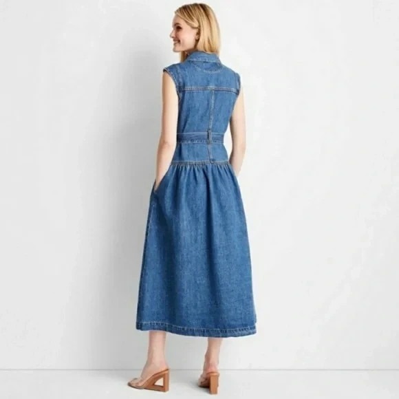 Future Collective Jenee Naylor Dress 0 Blue Denim Sleeveless Button Up Pockets - Picture 2 of 11